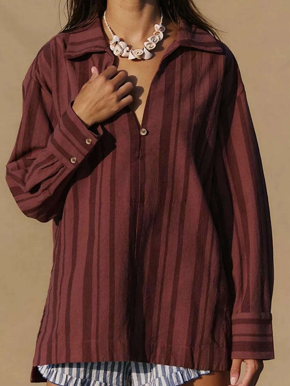 Free People free-est Fallon Cinnamon Striped Oversized Tunic Top L Boho Coastal